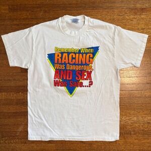 Vintage Hanes Beefy T Shirt Adult‎ L Racing Dangerous Sex Safe Graphic Tee